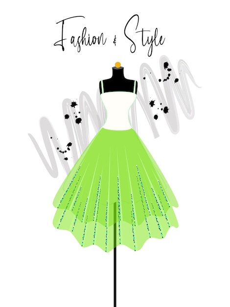 A Beautiful white and green dress on mannequin fashion illustration