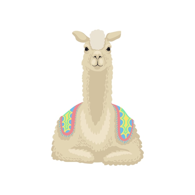 Beautiful white llama alpaca animal lying vector Illustration on a white background