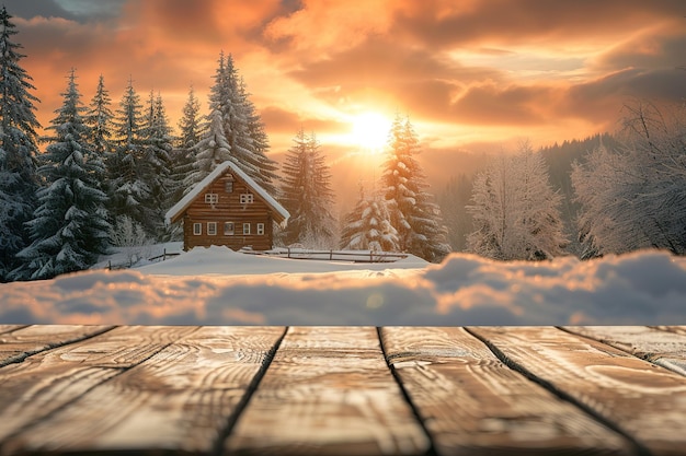 Beautiful winter house and christmas tree on the mountain