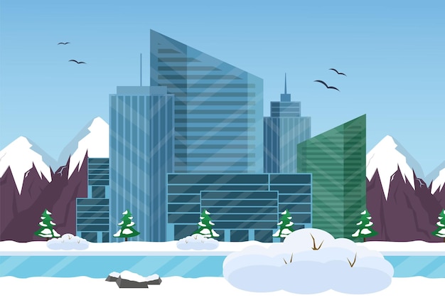 Beautiful winter landscape of a modern city. Vector illustration.