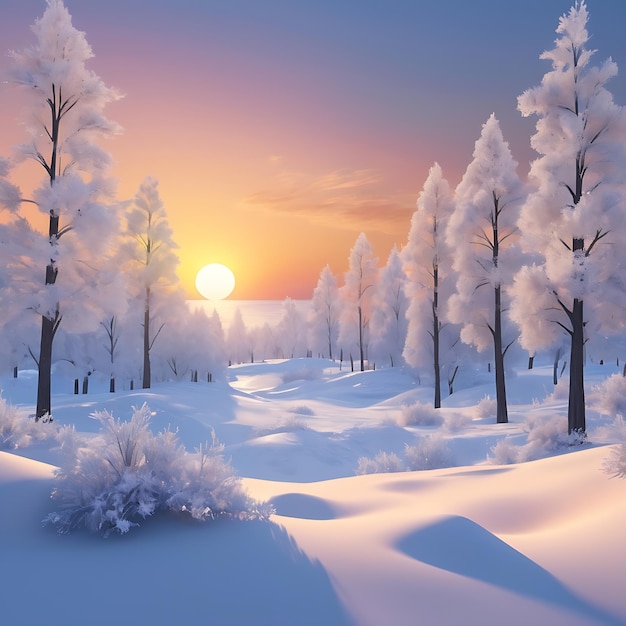 Beautiful Winter Landscape with Trees Mountains and Sunset on the Horizon