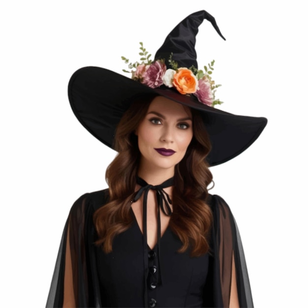 Vector a beautiful witch in black wearing witch hat adorn with flower isolated on white background