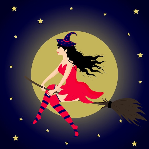 Beautiful witch flying on a broom against the background of the moon