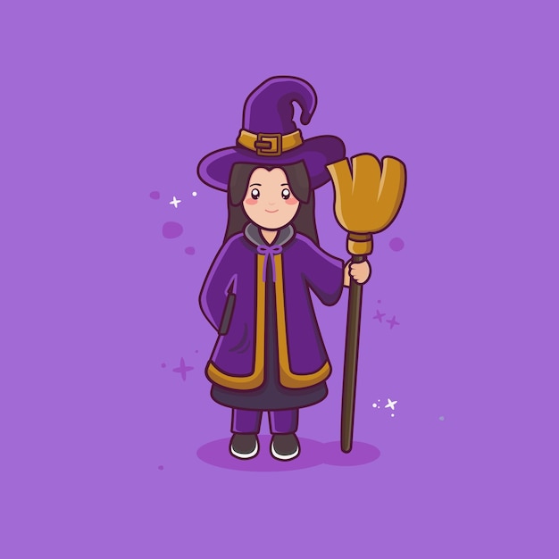 beautiful witch holding broom with flat cartoon style