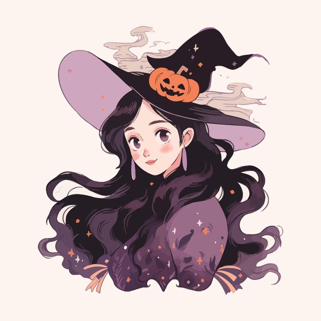 Vector beautiful witch illustration with pumpkin hat for halloween