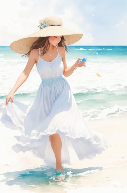 beautiful woman on the beach watercolor illustration