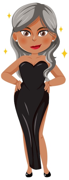 Vector beautiful woman in black dress cartoon character