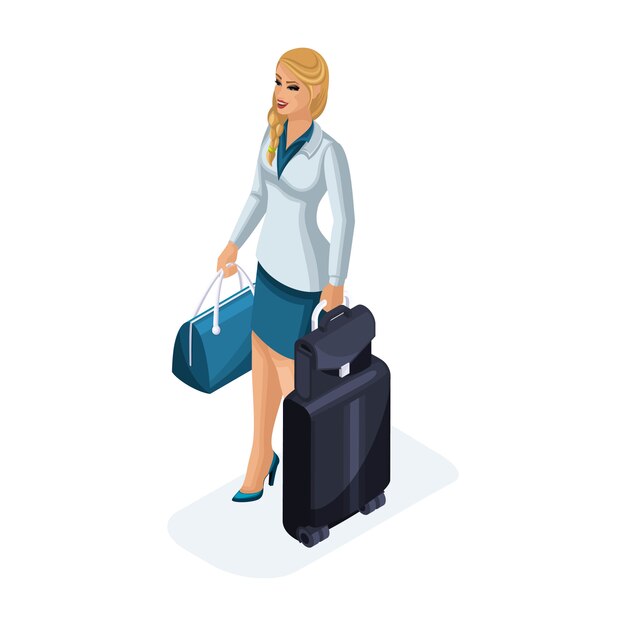  of a beautiful woman on a business trip, standing with her luggage. A beautiful business suit. Traveling business lady.  illustration