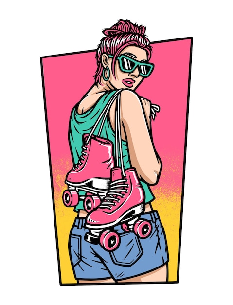 Vector beautiful woman carrying roller skates