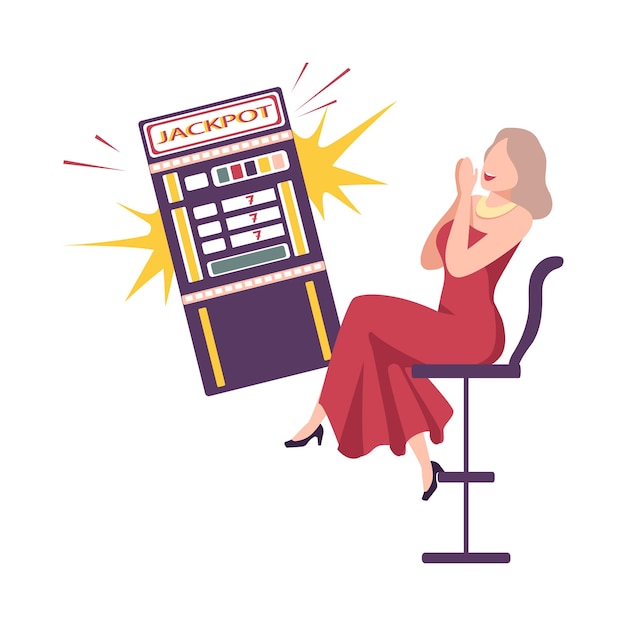 Beautiful Woman Celebrating Winning of Money on One Armed Bandit Girl Won Money Prize in Casino Gamble Flat Vector Illustration