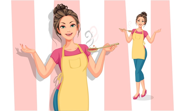 Beautiful woman in cooking apron holding a spoon illustration