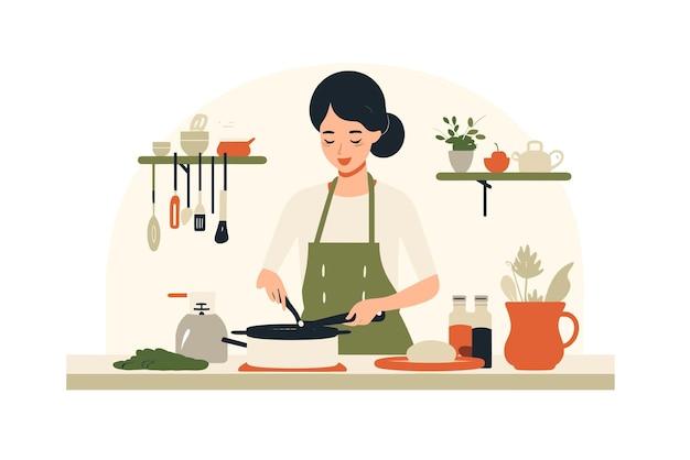 beautiful woman cooking in kitchen vector on an isolated background