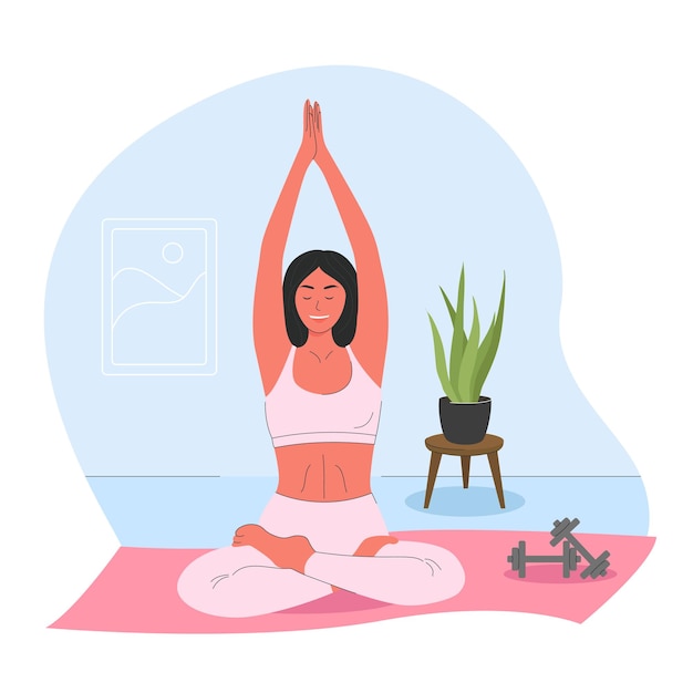 Beautiful woman does yoga in the lotus position on the mat