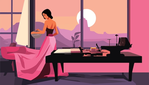 Vector beautiful woman doing makeup at home vector illustration girl in a pink dress