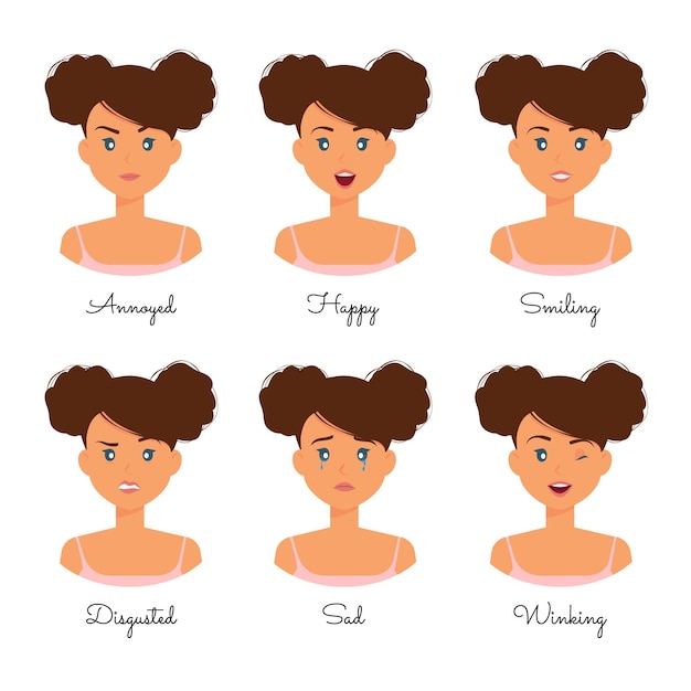 Beautiful woman emotions cartoon expressions collection