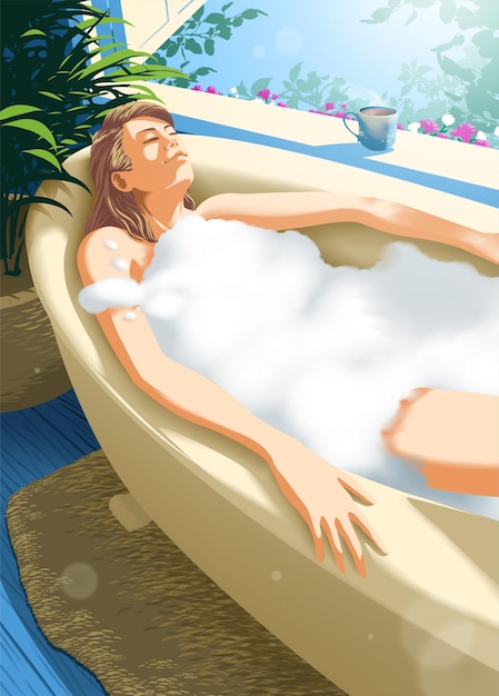 A beautiful woman enjoying her bath time in a bathtub right next to the window