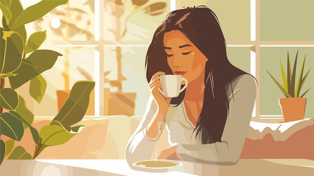 Vector beautiful woman enjoying hot tea at home relaxation and wellness concept