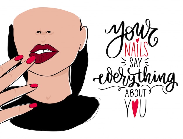 Beautiful woman face, hand with manicure nails and red nail polish, lettering quote. poster Template