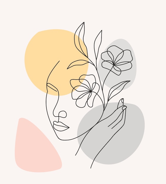 Beautiful woman and flowers in minimal art style