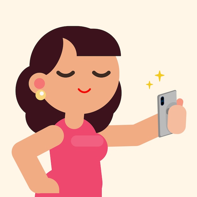 Beautiful woman happy smiling taking selfie with smartphone, vector flat illustration.