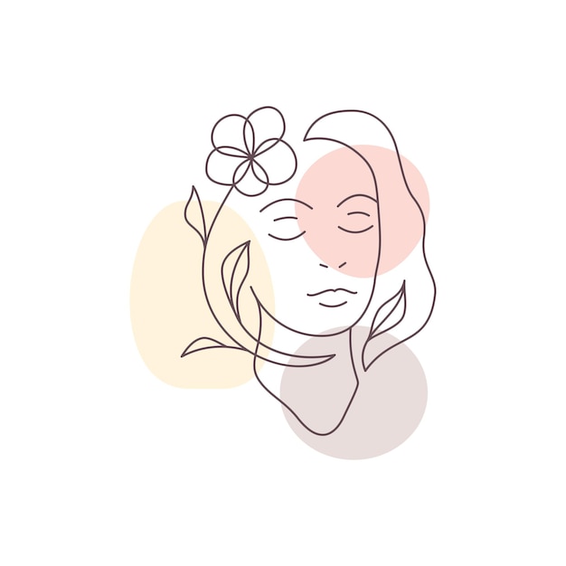 Beautiful woman head flower hair one line art continuous style with pastel color spots logo vector illustration Female minimal portrait outline silhouette beauty fashion cosmetic icon t shirt print