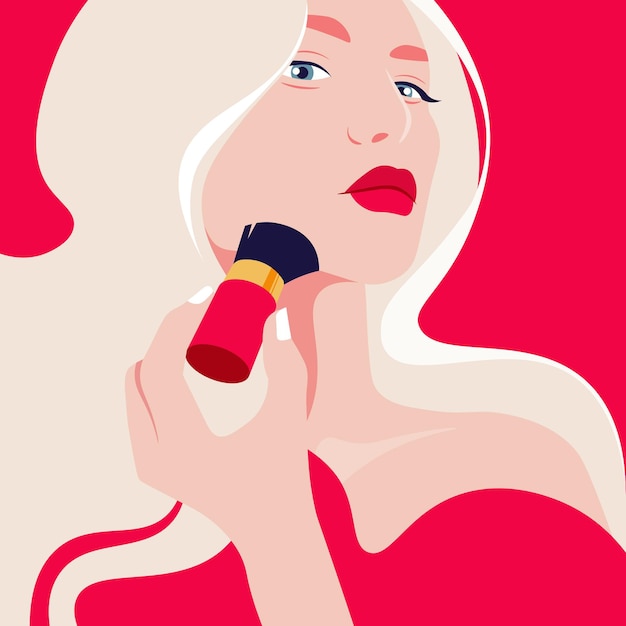 Beautiful woman holding brush powdering face Makeup and beauty Fashion vector illustration