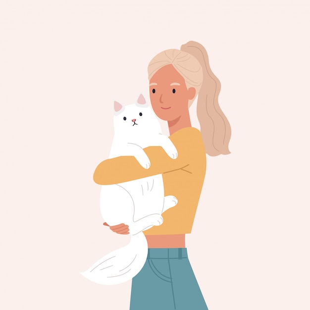 Beautiful woman hugging her white cat. Portrait of happy pet owner. Vector illustration in a flat style