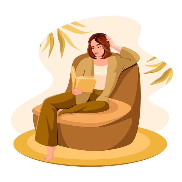 Vector a beautiful woman is reading a book in an armchair education or leisure distance learning