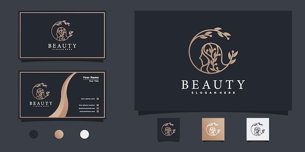 Beautiful woman logo with combination of leaves, face and business card Premium vekto