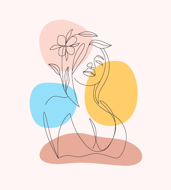 Beautiful woman and minimally drawn flowers in line art style