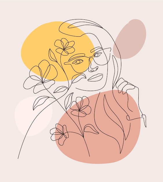 Beautiful woman and minimally drawn flowers in line art style