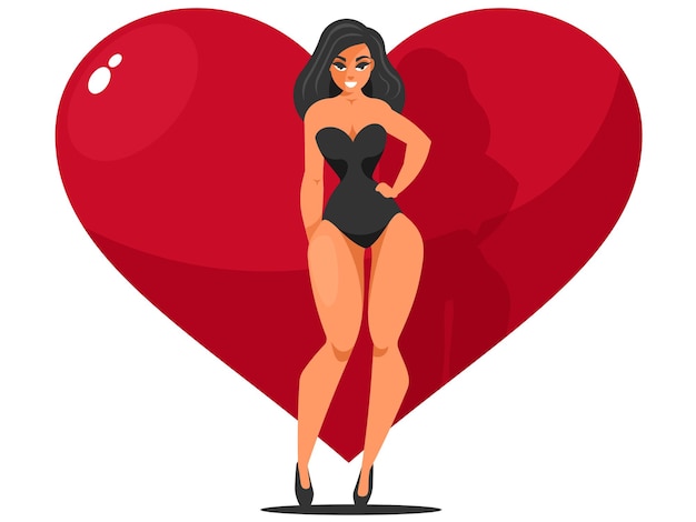 Vector a beautiful woman model in a bikini suit stands against the background of a huge heart vector