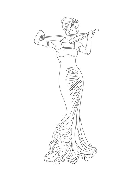 Vector beautiful woman playing violin line graphic illustration