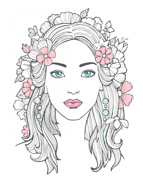 Beautiful woman portrait. Mysterious drawing beauty young female with flowers in hair  art