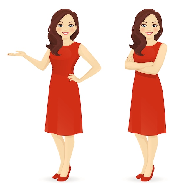 Beautiful woman in red dress standing in different poses isolated