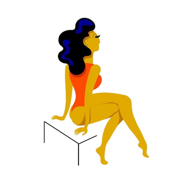 Vector beautiful woman in a red swimsuit with black wavy hair on her head sits with her back turned