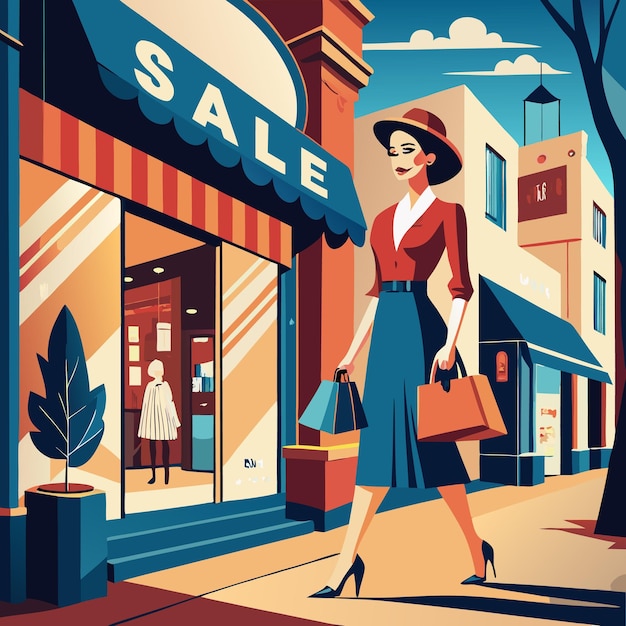 Beautiful Woman Shopping with Sale Bag Fashion and Shopping Illustration