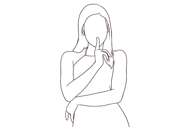 Beautiful woman showing silence gesture hand drawn style vector illustration