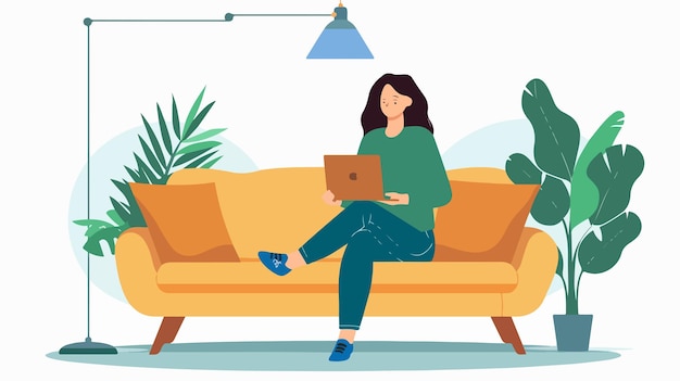 Vector beautiful woman sitting on sofa working online from home