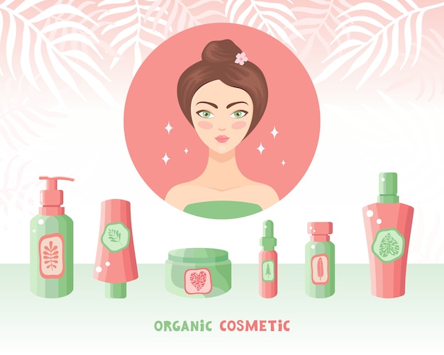 Beautiful woman takes care of her face with natural herbal organic cosmetics. Various skin and hair care products