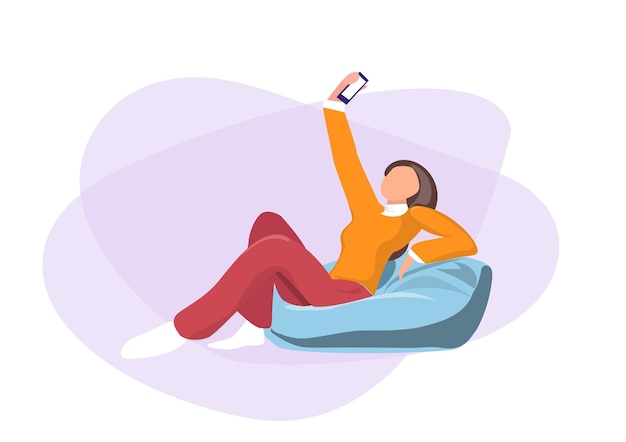 A beautiful woman taking a selfie with a relaxing posture on a round sofa From a mobile phone Flat style cartoon illustration vector