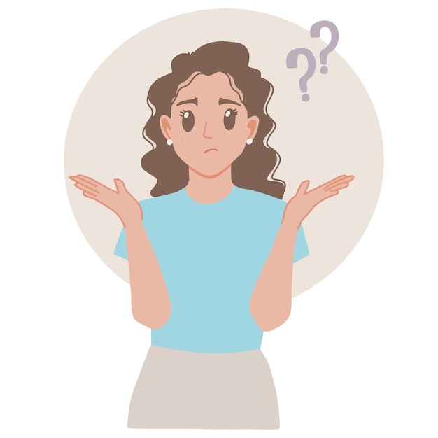 Beautiful woman thinking and confused about something aesthetic design color illustration with question mark