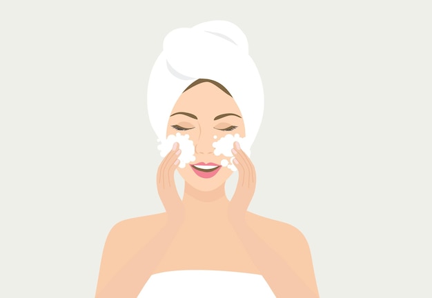 Beautiful woman washing her face with bubble water vector illustration Beauty routine concept