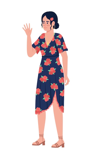 Beautiful woman waving hand semi flat color vector character