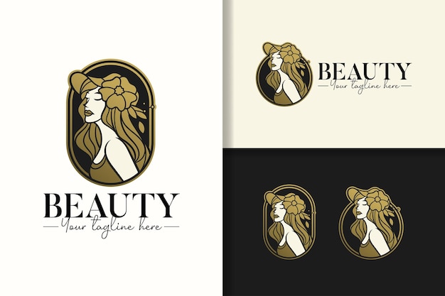 Beautiful woman wearing a hat template set of elegant gold logo design