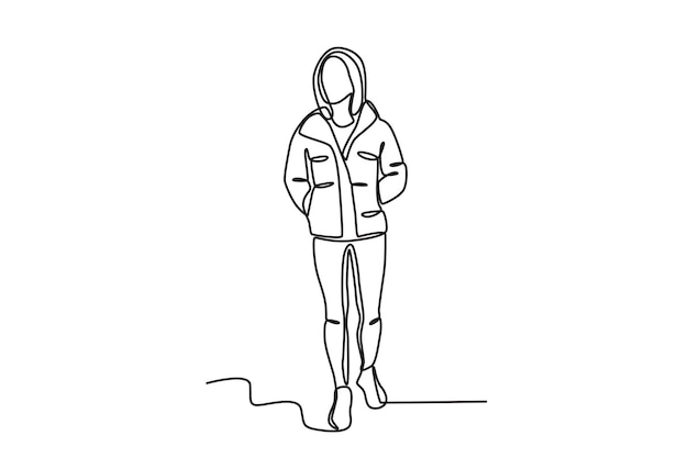 A beautiful woman wearing a thick down jacket Winter outfit oneline drawing