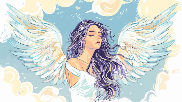 Vector beautiful woman with angel wings on sky background