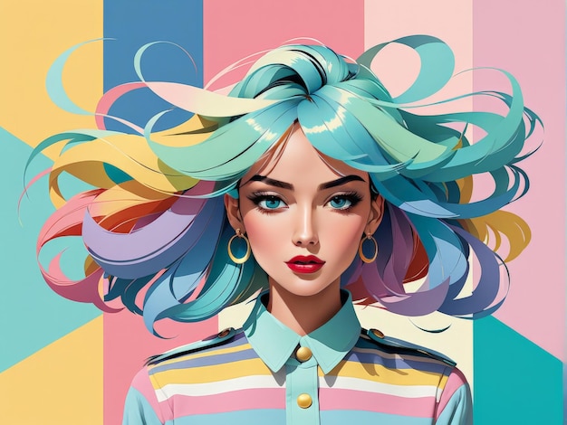 Vector beautiful woman with bright colorful hairstyle and lips