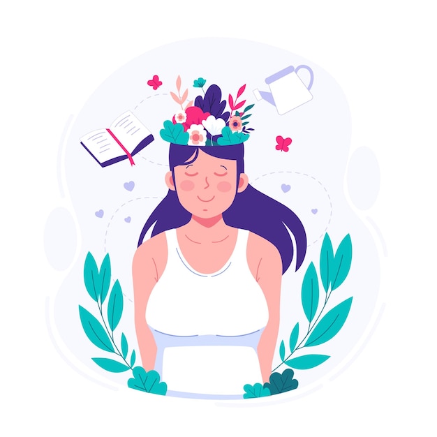 Beautiful woman with calm mind flat illustration