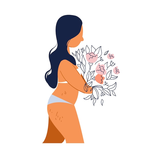 Beautiful woman with cellulite on her legs stands and holds a bouquet of flowers